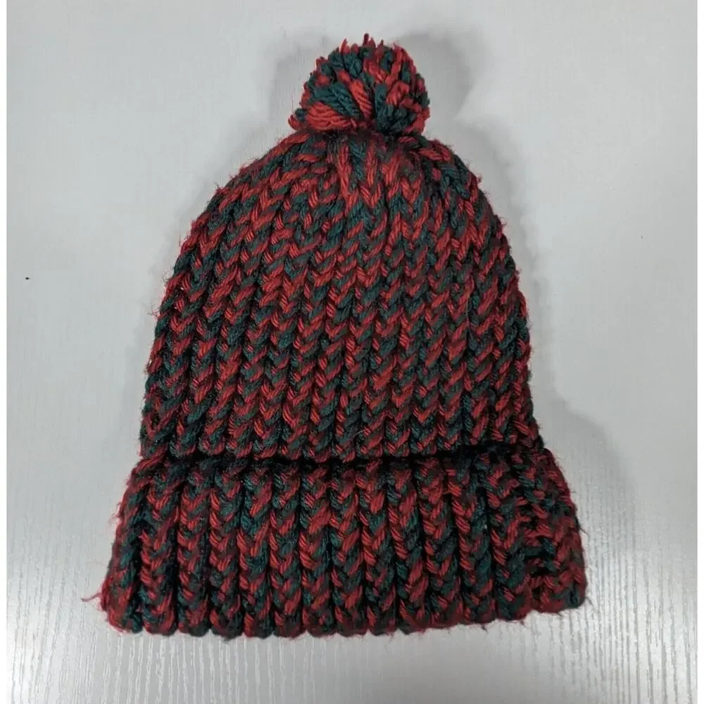 Crochet Hat Youth Size Homeade Red Green Pom Beanie
